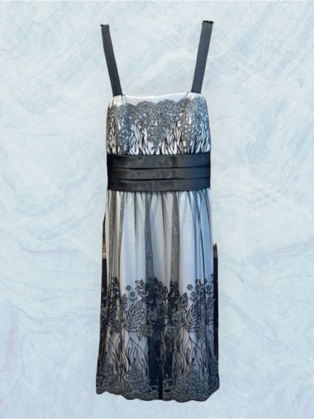 Silver Beaded Crystals Lace Women’s Dress Satin Bow and Spaghetti Strap Size 8